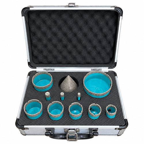 The eleven-piece turquoise kit arranged in its included open aluminium case.